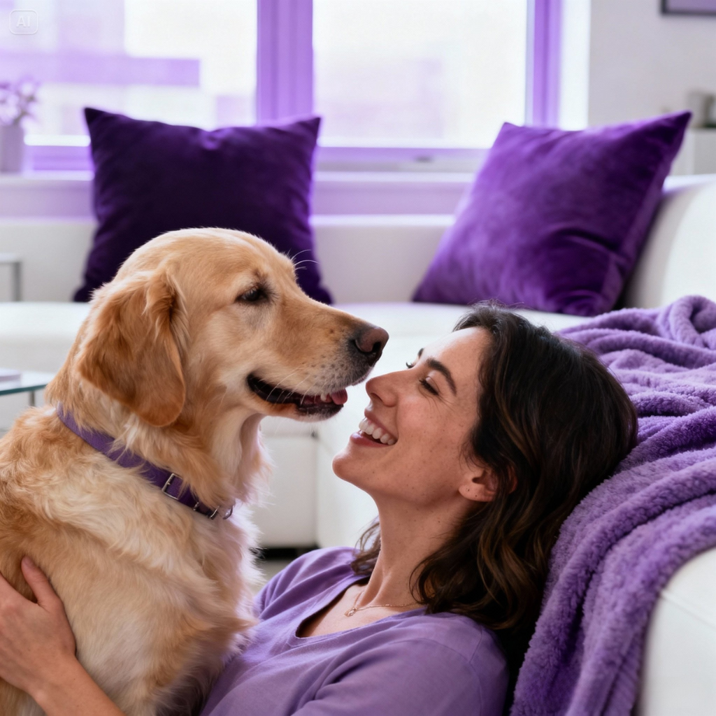 Pet parent smiling with her golden retriever