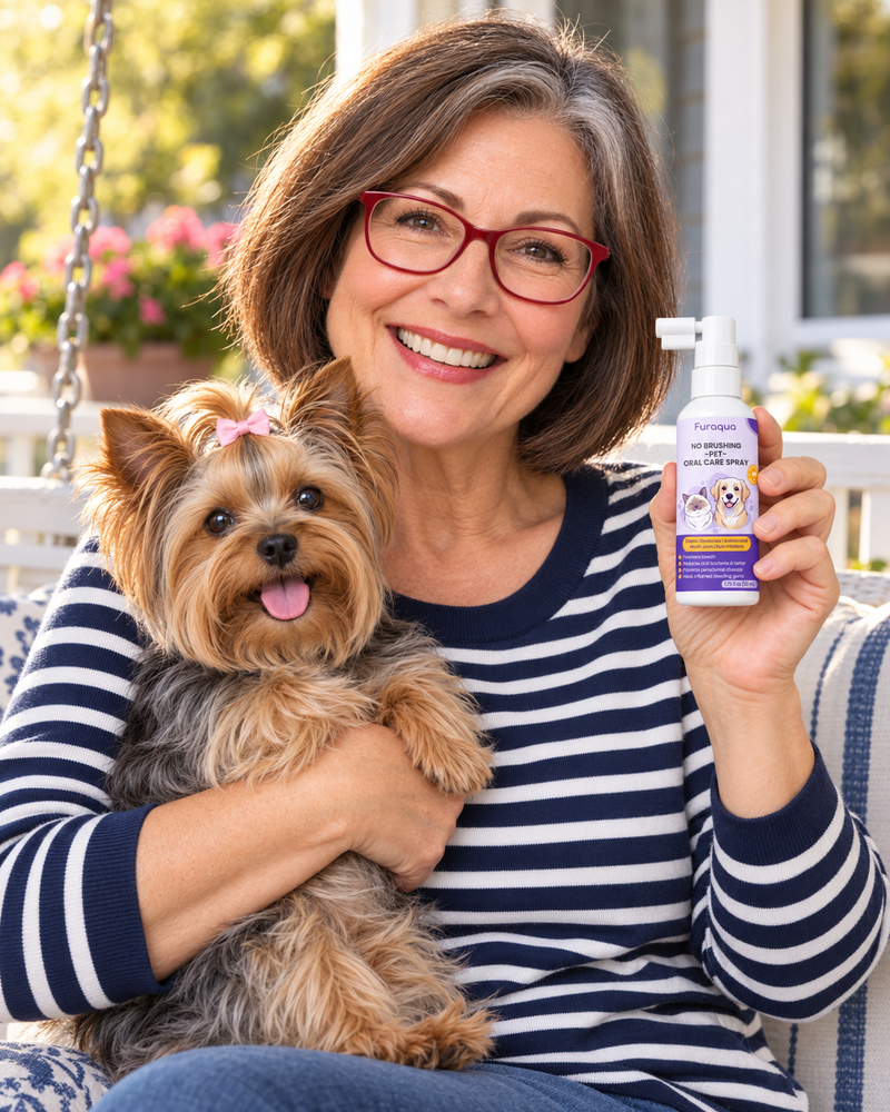 Carol holding Furaqua Cleaning Spray with Bella