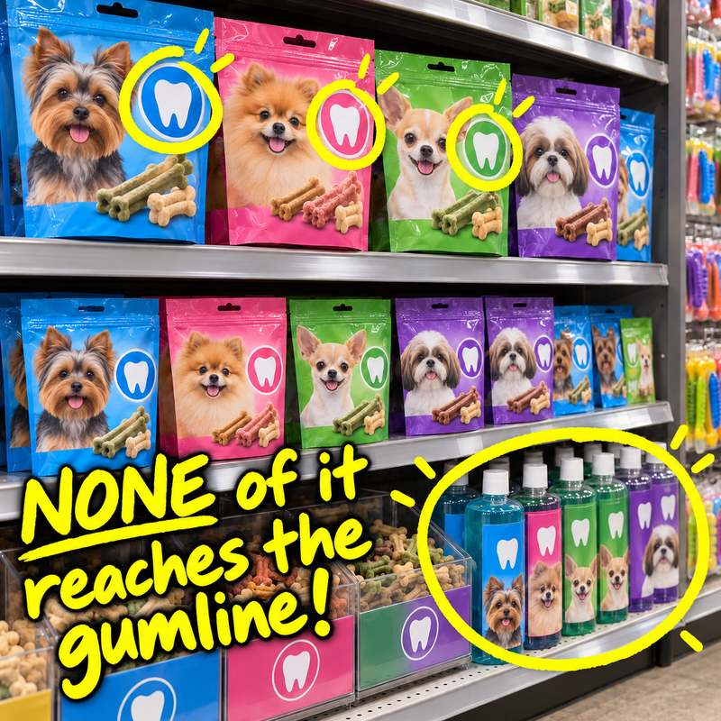 Pet store shelf full of dental chews