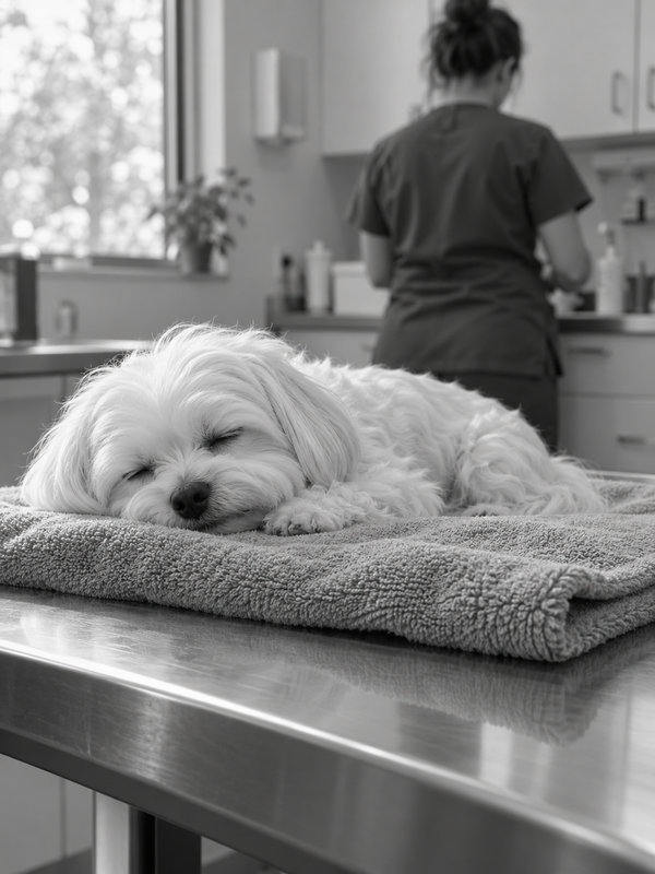 Little dog asleep on a vet table