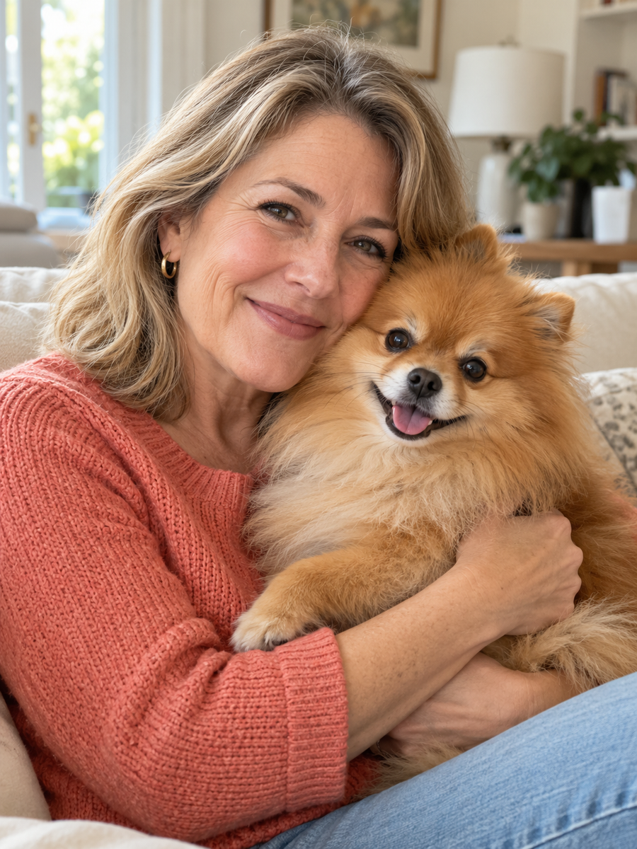 Dog mom hugging her little Pomeranian