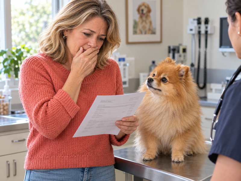 Worried dog mom reading a dental estimate at the vet with her Pomeranian