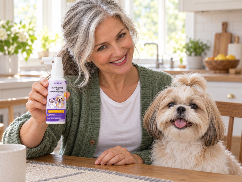 Dog mom holding Furaqua Cleaning Spray with her Shih Tzu
