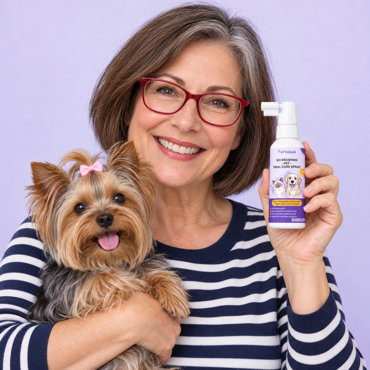 Carol holding Furaqua Cleaning Spray with her Yorkie Bella