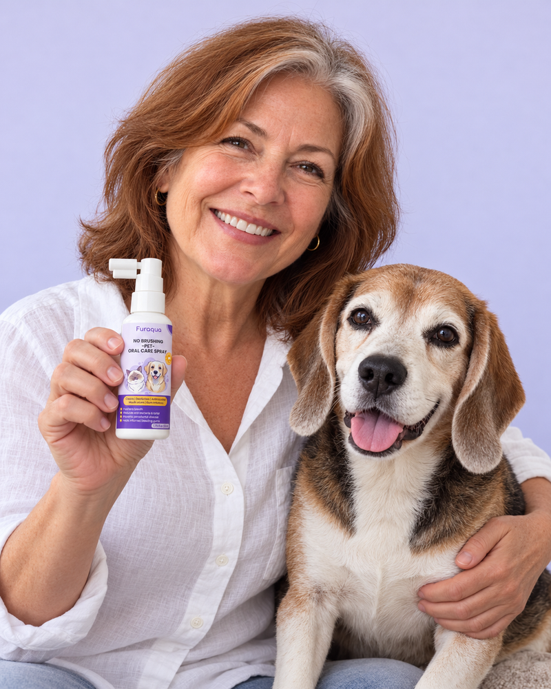 Margaret holding Furaqua Cleaning Spray with Buddy