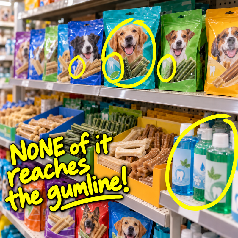 Pet store shelf full of dental chews