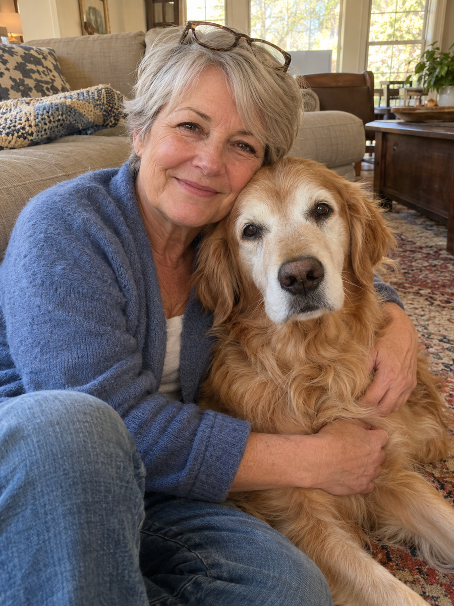 Senior dog mom hugging her old Golden Retriever