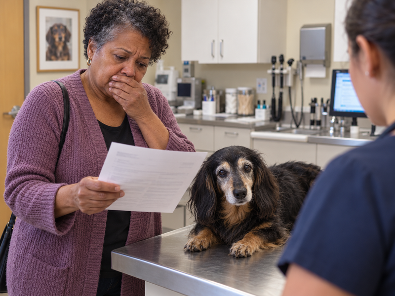 Worried dog mom reading a dental cleaning estimate at the vet