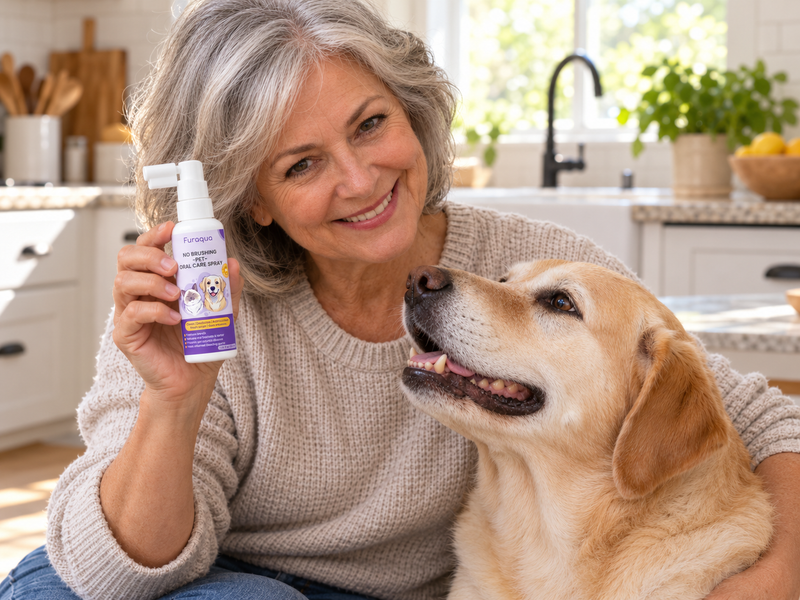 Dog mom holding Furaqua Cleaning Spray with her Lab