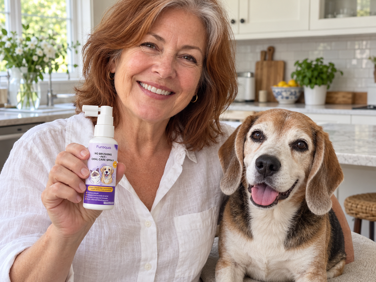 Margaret holding Furaqua Cleaning Spray with her senior beagle Buddy