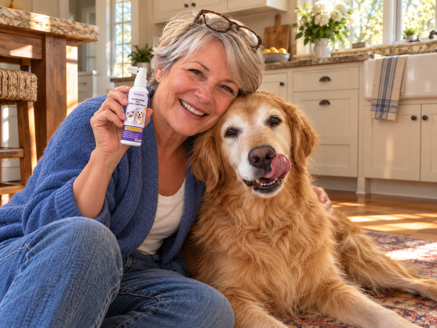 Happy senior Golden Retriever licking its lips after the spray